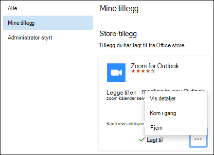 Tilleggsmenyen i Outlook for Mac.