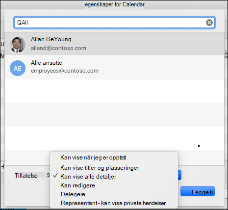 Delegeringsinnstillinger for en gitt e-postadresse.