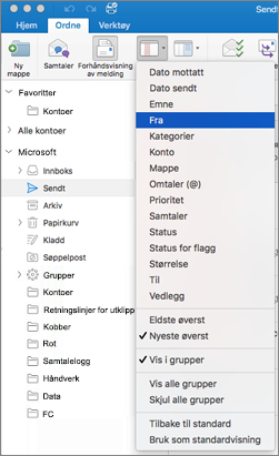 Sortere e-post på forskjellige måter ved å klikke Ordne > etter > og velge fra listen over alternativer