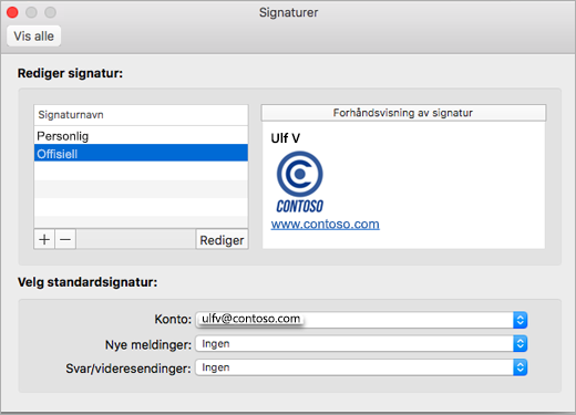 Signaturside i Outlook-innstillinger