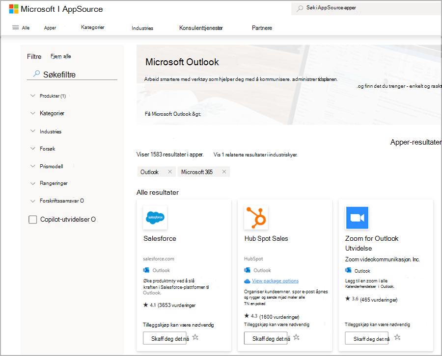 Microsoft Outlook-tillegg i AppSource