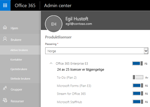 Et skjermbilde som viser Produktlisenser-siden  i administratorsenteret for Office 365, med veksleknappen satt til Av for To-Do (abonnement 2).