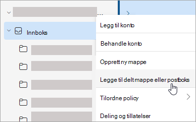 Skjermbilde som viser valg for å legge til delt mappe eller postboks