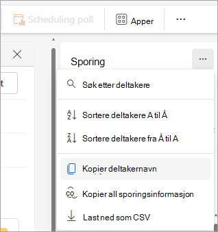 Skjermbilde av sporingsruten i nye Outlook som viser alternativer for rullegardinmeny for å kopiere deltakerlisten