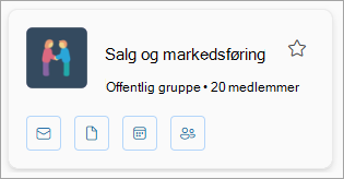 Et gruppekort viser gruppenavnet, antall medlemmer og har ikoner for e-post, filer, kalender og medlemmer.