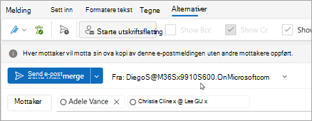 Start utskriftsfletting med mottakere. Hver mottaker mottar sin egen kopi av e-postmeldingen uten at andre mottakere er oppført.
