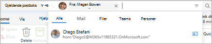 Skriv inn tekst i søkefeltet for å vise søkeomfangforslag, for eksempel Alle, E-post, Files, Teams og People.