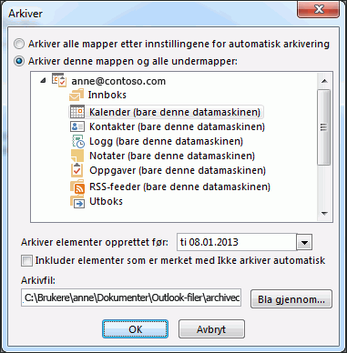 Dialogboksen for arkivering