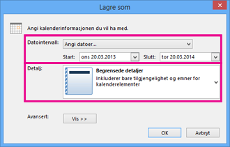 Lagre kalender – velg detaljer
