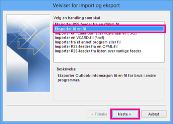 Veiviser for eksport for Outlook – Eksporter til en fil