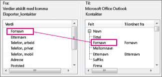 Tilordne en kolonne fra Excel til et Outlook-kontaktfelt