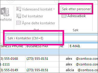 Personsøk-boksen sammenlignet med Søk i kontakter-boksen