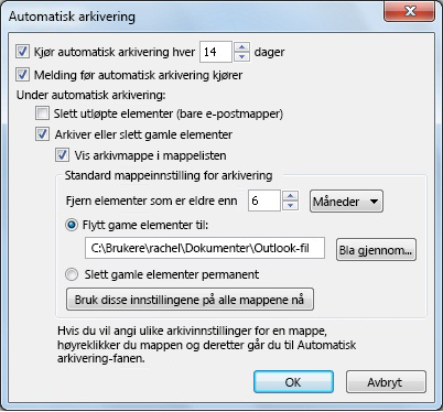 Dialogboksen Innstillinger for automatisk arkivering