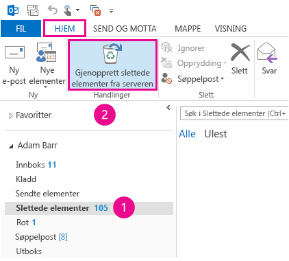 Velg mappen Slettede elementer, og klikk deretter Gjenopprett elementer fra serveren