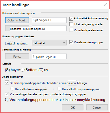 Du kan endre skriftene og skriftstørrelsene i visningen.