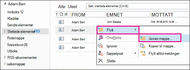 Klikk Flytt, og klikk deretter Annen mappe