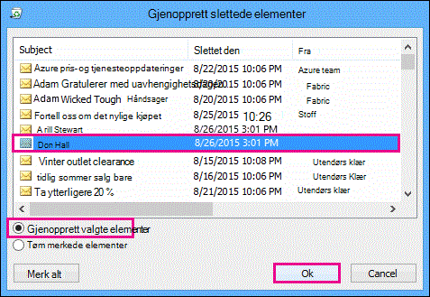 Velg en kontakt du vil gjenopprette, og klikk OK