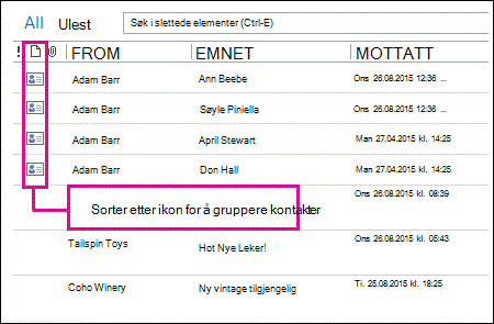 Sorter etter ikoner for å gruppere kontakter i Slettede elementer-mappen