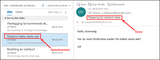 Outlook grupperer meldinger etter samtaleemne i meldingslisten.