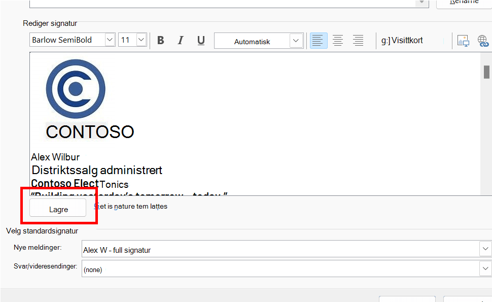 Signaturredigeringsprogrammet i Outlook med Lagre-knappen uthevet.