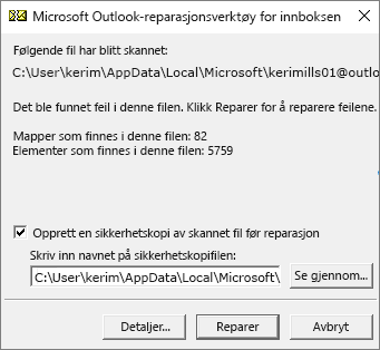 Viser resultatene av skanning av .pst-datafiler for Outlook ved bruk av Microsoft-repearasjonsverktøy for innboks, SCANPST.EXE