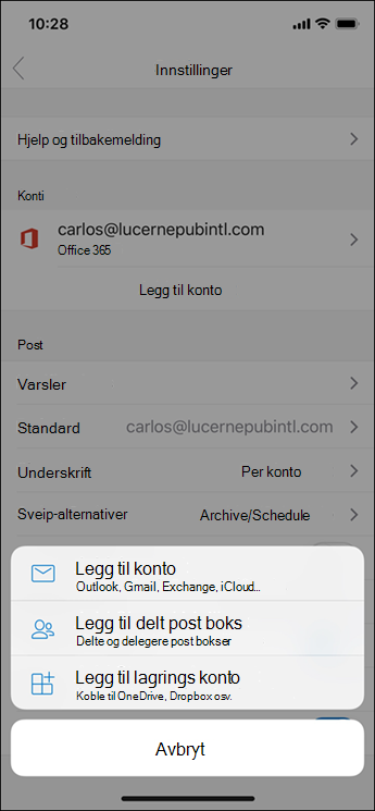 Legge til en konto i Outlook-appen