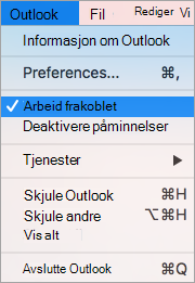 Viser alternativet Arbeid frakoblet valgt på Outlook-menyen