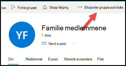 Gruppekortet i Outlook.com med en pil som peker opp og til høyre for Eksporter gruppepostboks.
