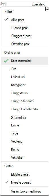Skjermbilde av rullegardinlisten Sorter meldinger