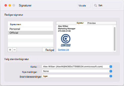 Standardsignaturvinduet i Outlook for Mac