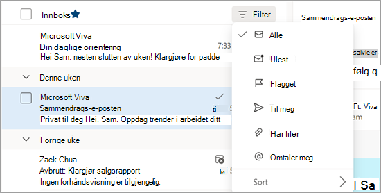 Bilde som viser filteralternativer via rullegardinmenyen.