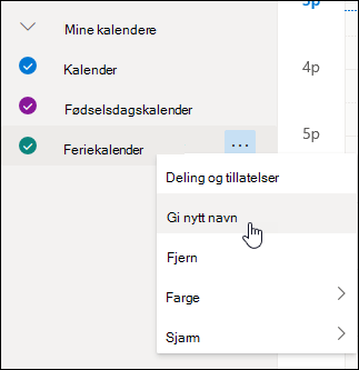 Et skjermbilde av hurtigmenyen for kalenderen, der Delingstillatelser er valgt.