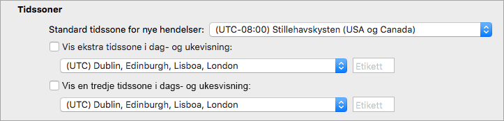 Viser andre og tredje tidssone i Calendar innstillinger