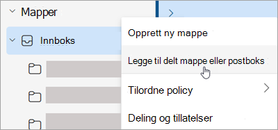 Skjermbilde som viser valg for å legge til delt mappe eller postboks