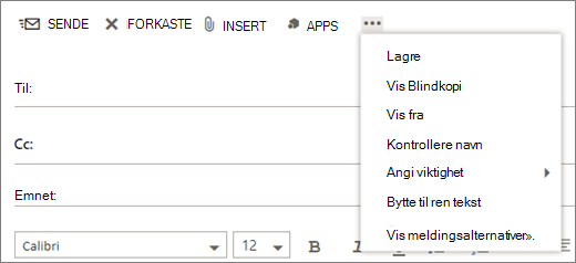 Et skjermbilde viser alternativene som er tilgjengelige fra Mer-kommandoen på verktøylinjen for e-postmeldinger.