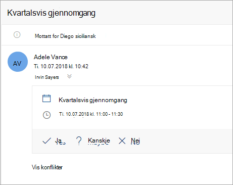 Et skjermbilde av en møteinvitasjon som er sendt til en representant