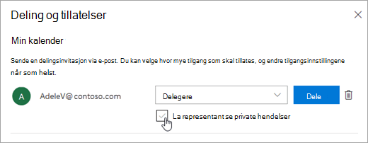 Et skjermbilde av avmerkingsboksen La representanten vise private hendelser
