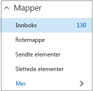 Skjermbilde som viser standard e-postmapper under Favoritter.