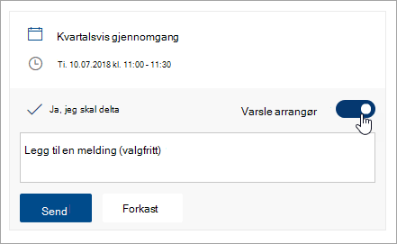 Et skjermbilde av Varsle arrangør-veksleknappen