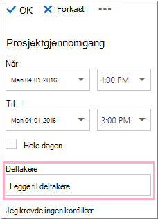 Detaljruten som viser Deltakere-boksen som brukes med Planleggingsassistent