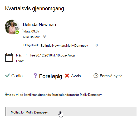 Et skjermbilde av en møteinvitasjon som er sendt til en delt kalender.