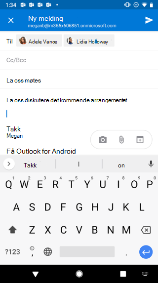 Viser en Android-skjerm med et e-postutkast. Du finner tre knapper under meldingen: Kamera, Vedlegg og Calendar.
