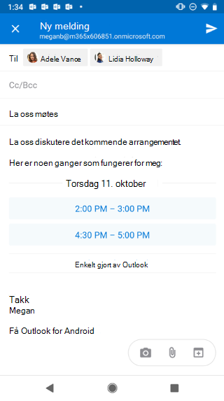 Viser en Android-skjerm med et utkast til e-post som viser tidspunkter avsenderen er tilgjengelig.