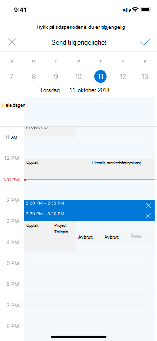 En iOS-skjerm viser en kalender, med " Send tilgjengelighet&anførselstegn; over den. Til høyre er det en hake.