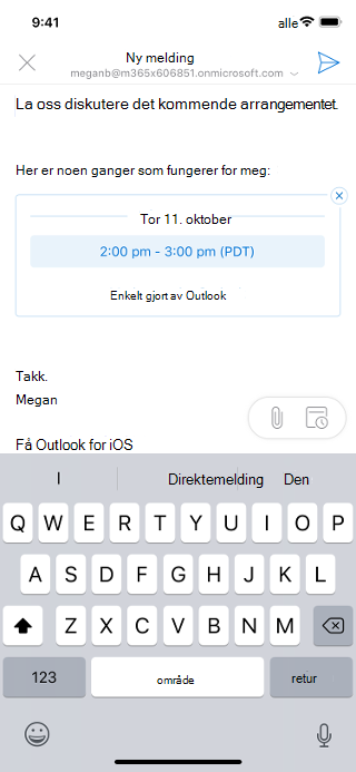 Viser et e-postutkast på en iOS-skjerm. E-postmeldingen viser en dato og et klokkeslett som avsenderen er tilgjengelig for.