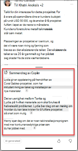 Et e-postsammendrag fra Copilot i iOS og Android
