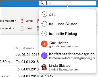 Meldingsliste i bakgrunnen og dialogboksen Søk i forgrunnen