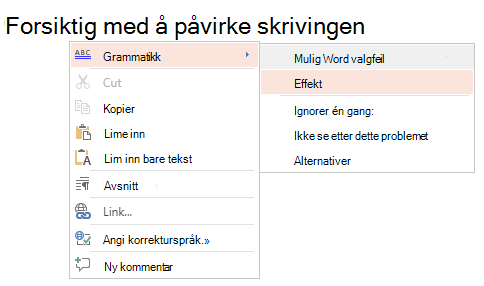 Skjermbilde av hurtigmenyen for grammatikk.