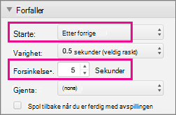 Vise punkter automatisk ved å angi Tidsberegning til Etter forrige og angi en forsinkelse