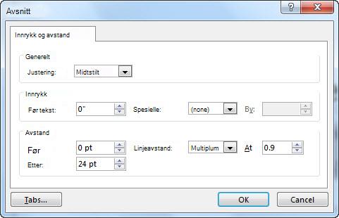 Dialogboksen Avsnitt i PowerPoint